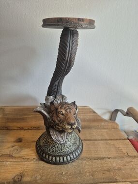 Tiger Head Accent Pedestal/Candle Holder- Brown & Tan With Rustic Green Accents